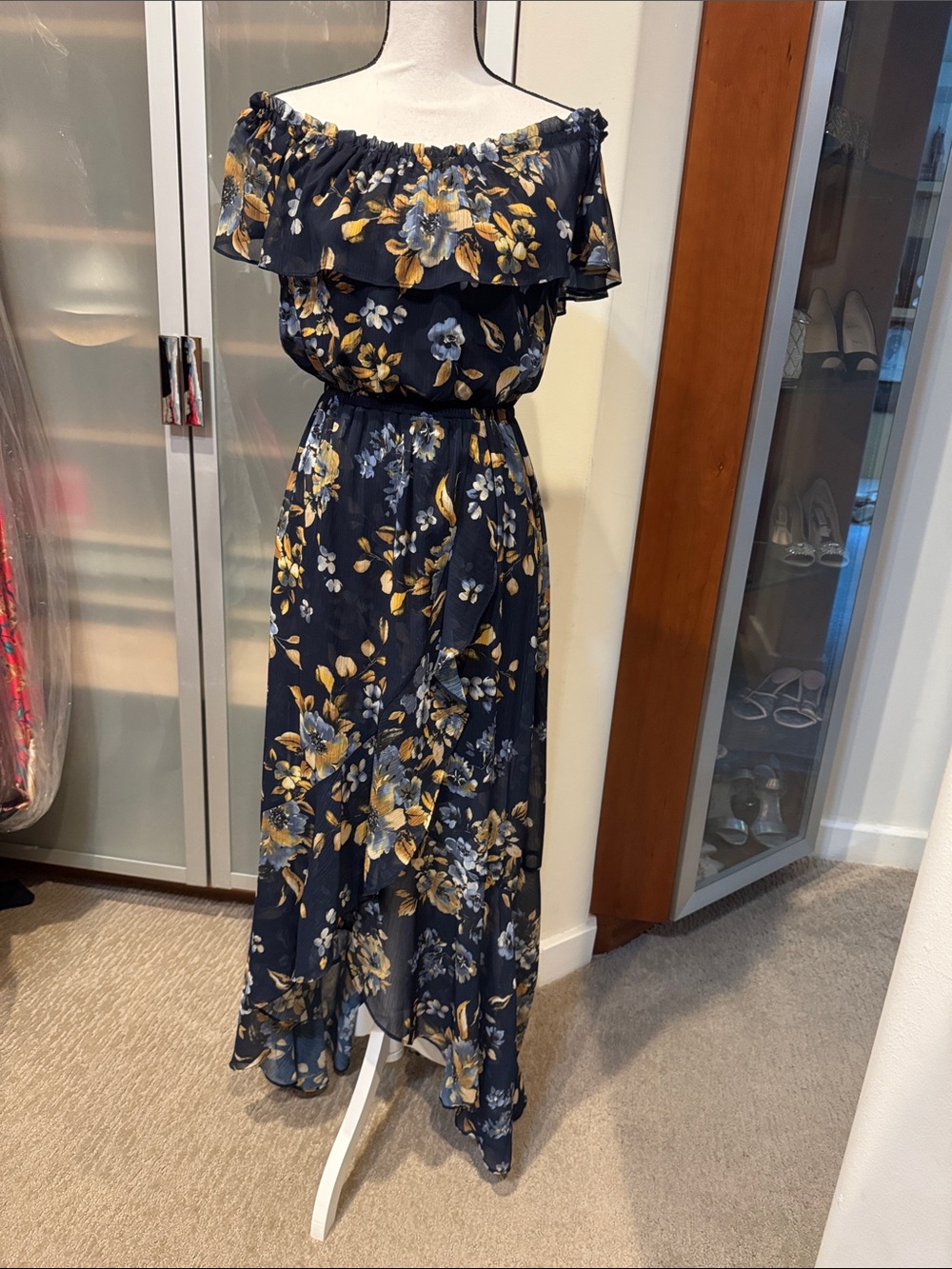 Women’s Navy One-Shoulder Floral Maxi Dress with Ruffle
